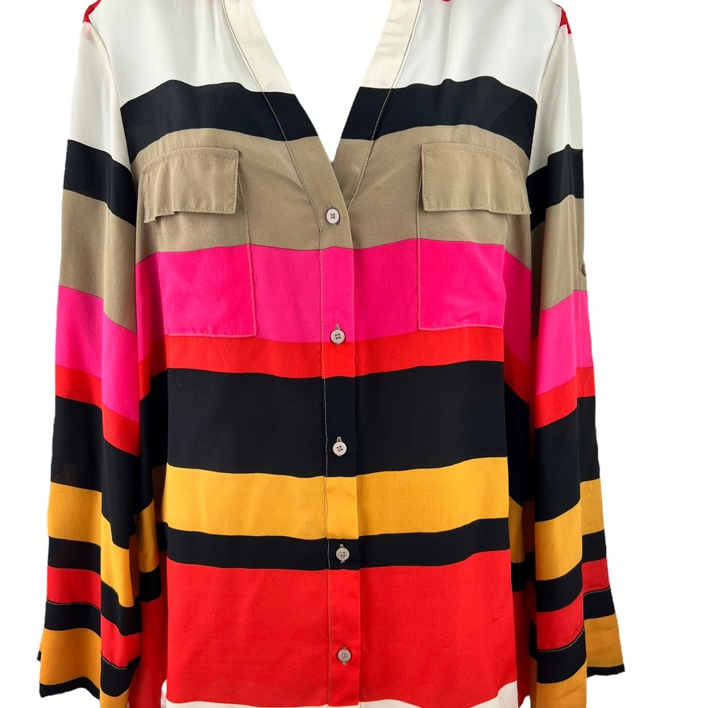 Creative Commune 100% Silk Striped Rollup Camp Blouse Wide Sleeves Size Large